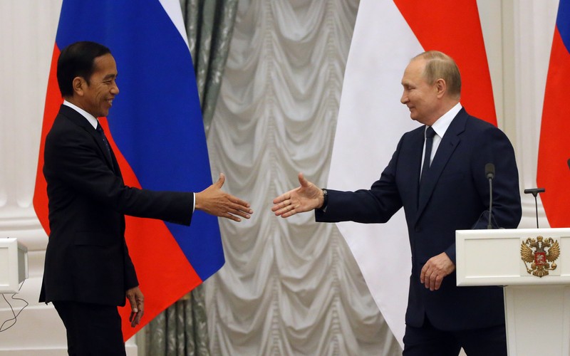 MOSCOW, RUSSIA - JUNE 30:  (RUSSIA OUT) Russian President Vladimir Putin (R) and Indonesian President Joko Widodo (L) attend a joint statement during their talks at the Kremlin on June 30, 2022 in Moscow, Russia. Indonesian President and current Chairman of G20 Widodo is visiting Ukraine and Russia this week. (Photo by Contributor/Getty Images)
