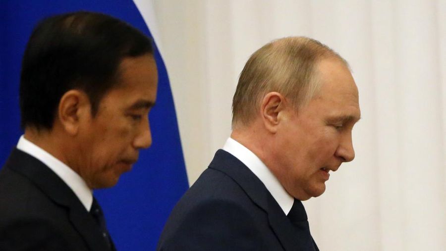 Presiden Rusia Vladimir Putin dan Presiden Indonesia Joko Widodo menghadiri konferensi pers di Kremlin di Moskow pada 30 Juni 2022. (POOL/AFP via Getty Images/ALEXANDER ZEMLIANICHENKO)