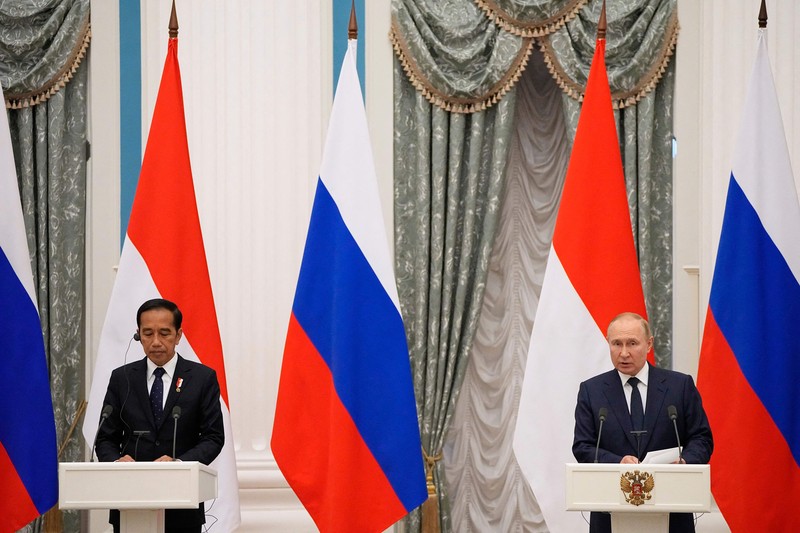 Presiden Rusia Vladimir Putin dan Presiden Indonesia Joko Widodo menghadiri konferensi pers di Kremlin di Moskow pada 30 Juni 2022. (Anadolu Agency via Getty Images)