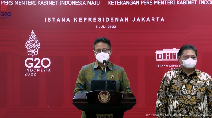 Menteri Kesehatan, Budi Gunadi Sadikin Memberikan Keterangan Pers Menteri Terkait Rapat Terbatas Evaluasi PPKM, Kantor Presiden Menteri Kesehatan, Budi Gunadi Sadikin Memberikan Keterangan Pers Menteri Terkait Rapat Terbatas Evaluasi PPKM, Kantor Presiden, Senin (4/7/2022). (Tangkapan Layar via Youtube Sekretariat Presiden)