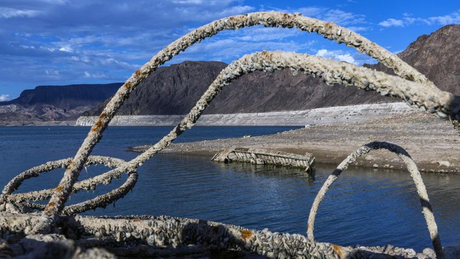 Sebuah kapal pendarat Perang Dunia II yang digunakan untuk mengangkut pasukan atau tank bersama dengan kabel baja tua di dekatnya terlihat di garis pantai dekat Marina Danau Mead saat garis air terus menurun di Area Rekreasi Nasional Danau Mead di Boulder City, Amerika Serikat, Kamis (30/6/2022). (L.E. Baskow/Las Vegas Review-Journal via AP)