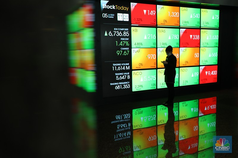 Karyawan melintas di depan layar digital pergerakan Indeks Harga Saham Gabungan (IHSG) di Bursa Efek Indonesia, Jakarta, Selasa (5/7/2022). (CNBC Indonesia/ Tri Susilo)