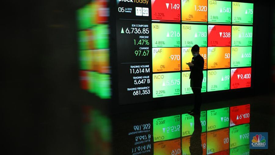 Karyawan melintas di depan layar digital pergerakan Indeks Harga Saham Gabungan (IHSG) di Bursa Efek Indonesia, Jakarta, Selasa (5/7/2022). (վ/ Tri Susilo)