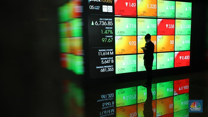Karyawan melintas di depan layar digital pergerakan Indeks Harga Saham Gabungan (IHSG) di Bursa Efek Indonesia, Jakarta, Selasa (5/7/2022). (CNBC Indonesia/ Tri Susilo)