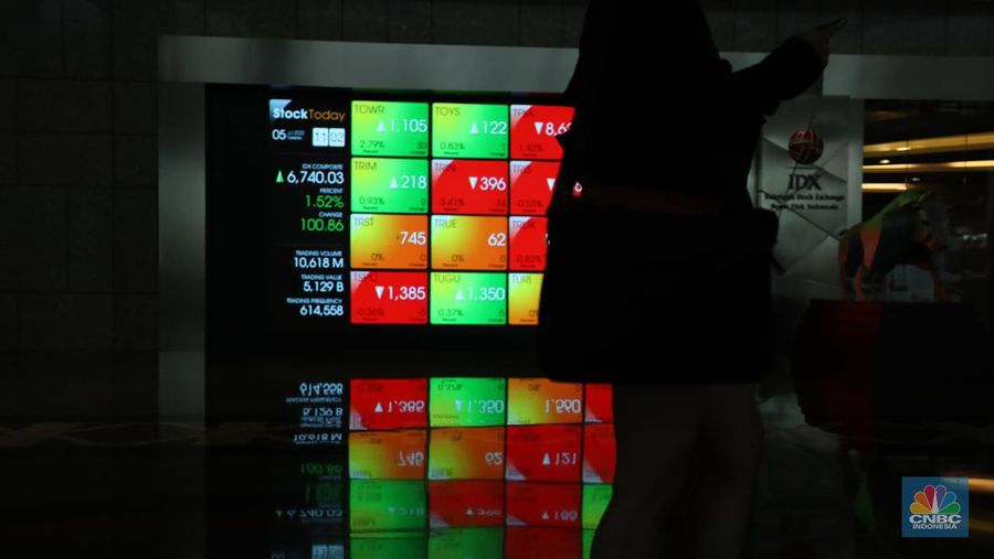 Karyawan melintas di depam layar digital pergerakan Indeks Harga Saham Gabungan (IHSG) di Bursa Efek Indonesia, Jakarta, Selasa (5/7/2022). (վ/ Tri Susilo)