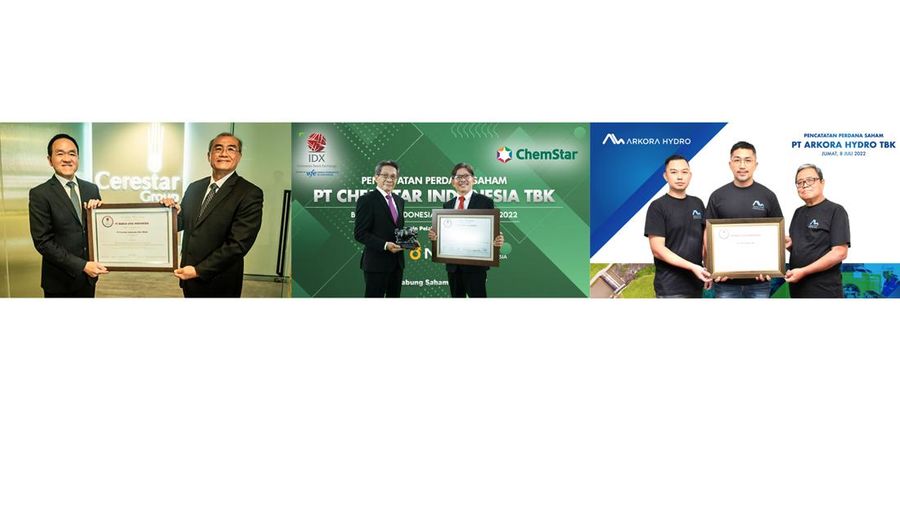 Pencatatan Perdana Saham PT Cerestar Indonesia Tbk (TRGU), PT Chemstar Indonesia (CHEM )dan PT Arkora Hydro Tbk (ARKO). (ist)