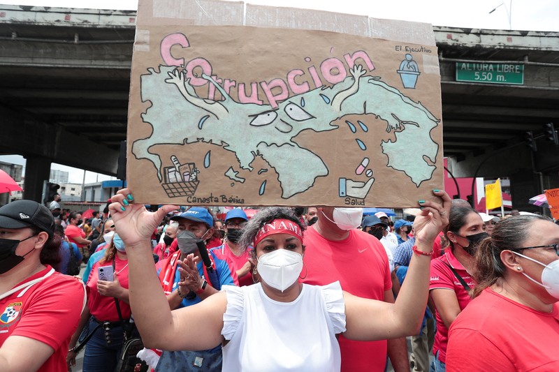 Demonstrators take part in a protest to demand the government steps to curb inflation, lower fuel and food prices, in Panama City, Panama July 12, 2022. REUTERS/Erick Marciscano
