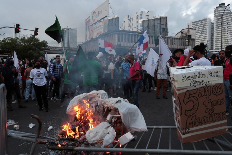 Demonstrators take part in a protest to demand the government steps to curb inflation, lower fuel and food prices, in Panama City, Panama July 12, 2022. REUTERS/Erick Marciscano