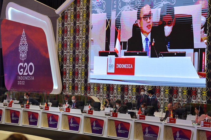 Suasana Pertemuan Finance and Central Bank Deputies (FCBD) G20 di Nusa Dua, Bali, Rabu (13/7/2022). Pertemuan tersebut berlangsung 13-14 Juli 2022 untuk membahas tujuh agenda utama menyangkut ekonomi global, kesehatan dan keuangan. ANTARA FOTO/POOL/Nyoman Budhiana.