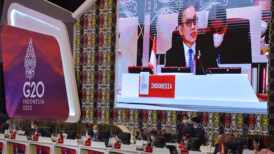 Suasana Pertemuan Finance and Central Bank Deputies (FCBD) G20 di Nusa Dua, Bali, Rabu (13/7/2022). Pertemuan tersebut berlangsung 13-14 Juli 2022 untuk membahas tujuh agenda utama menyangkut ekonomi global, kesehatan dan keuangan. ANTARA FOTO/POOL/Nyoman Budhiana.