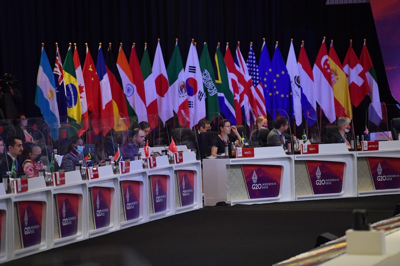 Suasana Pertemuan Finance and Central Bank Deputies (FCBD) G20 di Nusa Dua, Bali, Rabu (13/7/2022). Pertemuan tersebut berlangsung 13-14 Juli 2022 untuk membahas tujuh agenda utama menyangkut ekonomi global, kesehatan dan keuangan. ANTARA FOTO/POOL/Nyoman Budhiana.