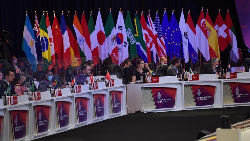 Suasana Pertemuan Finance and Central Bank Deputies (FCBD) G20 di Nusa Dua, Bali, Rabu (13/7/2022). Pertemuan tersebut berlangsung 13-14 Juli 2022 untuk membahas tujuh agenda utama menyangkut ekonomi global, kesehatan dan keuangan. ANTARA FOTO/POOL/Nyoman Budhiana.