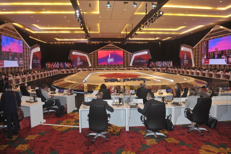 Suasana Pertemuan Finance and Central Bank Deputies (FCBD) G20 di Nusa Dua, Bali, Rabu (13/7/2022). Pertemuan tersebut berlangsung 13-14 Juli 2022 untuk membahas tujuh agenda utama menyangkut ekonomi global, kesehatan dan keuangan. ANTARA FOTO/POOL/Nyoman Budhiana.
