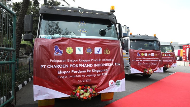 Menteri pertanian RI Syahrul Yasin Limpo melepas ekspor perdana produk unggas daging ayam di Kantor Pusat CPI Ancol, Jakarta, Rabu (13/7/2022). PT Charoen Pokphand Indonesia Tbk (CPIN) melakukan ekspor perdana produk unggasnya ke Singapura sebanyak 50.000 Kg ekspor produk unggas. (CNBC Indonesia/Tri Susilo)