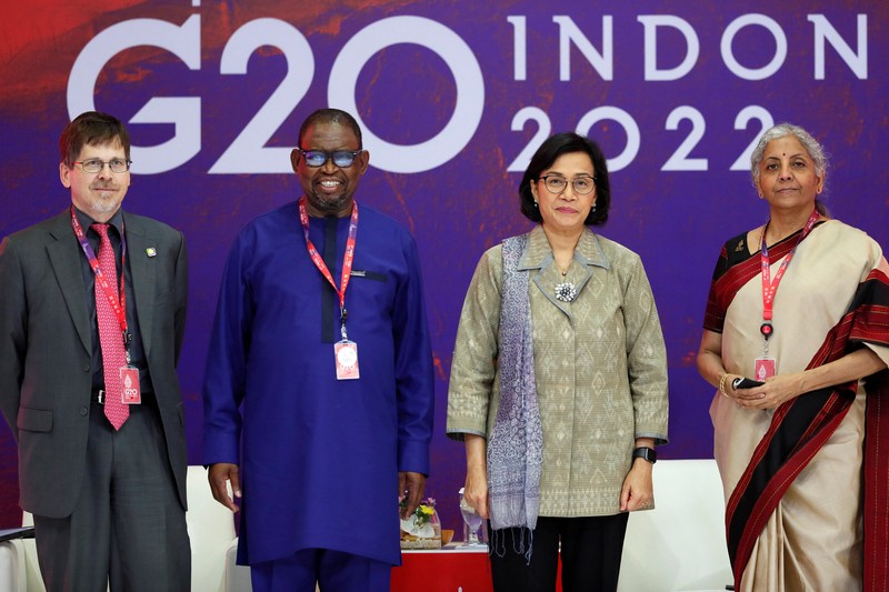 G20-INDONESIA/ South Africa's Finance Minister Enoch Godongwana, Indonesia's Finance Minister Sri Mulyani Indrawati and India's Finance Minister Nirmala Sitharaman attend a side event on the G20 Finance Ministers and Central Bank Governors Meeting in Nusa Dua, Bali, Indonesia, 14 July 2022. Made Nagi/Pool via REUTERS
