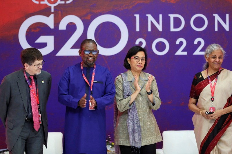 G20-INDONESIA/ South Africa's Finance Minister Enoch Godongwana, Indonesia's Finance Minister Sri Mulyani Indrawati and India's Finance Minister Nirmala Sitharaman attend a side event on the G20 Finance Ministers and Central Bank Governors Meeting in Nusa Dua, Bali, Indonesia, 14 July 2022. Made Nagi/Pool via REUTERS