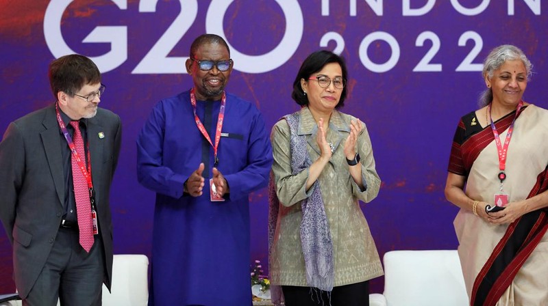 South Africa's Finance Minister Enoch Godongwana, Indonesia's Finance Minister Sri Mulyani Indrawati and India's Finance Minister Nirmala Sitharaman attend a side event on the G20 Finance Ministers and Central Bank Governors Meeting in Nusa Dua, Bali, Indonesia, 14 July 2022. Made Nagi/Pool via REUTERS