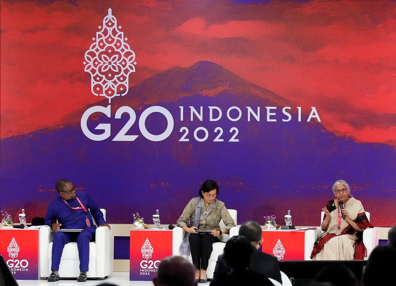 G20-INDONESIA/ South Africa's Finance Minister Enoch Godongwana, Indonesia's Finance Minister Sri Mulyani Indrawati and India's Finance Minister Nirmala Sitharaman attend a side event on the G20 Finance Ministers and Central Bank Governors Meeting in Nusa Dua, Bali, Indonesia, 14 July 2022. Made Nagi/Pool via REUTERS