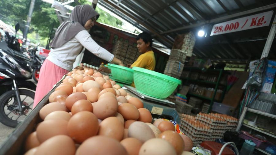Pedagang melayani pembeli telur ayam di kawasan Pejaten, Jakarta Selatan,  Kamis (14/7/2022). Harga telur  terpantau masih mahal dan belum kembali ke posisi tahun 2021. (CNBC Indonesia/Andrean Kristianto)