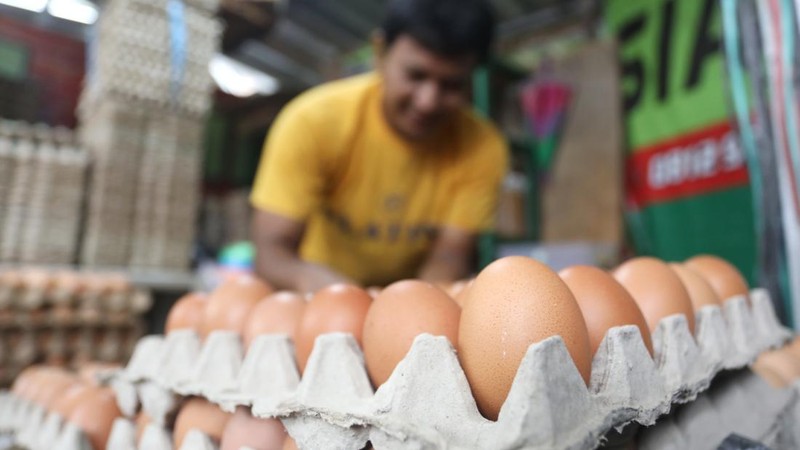 Pedagang melayani pembeli telur ayam di kawasan Pejaten, Jakarta Selatan,  Kamis (14/7/2022). Harga telur  terpantau masih mahal dan belum kembali ke posisi tahun 2021. (CNBC Indonesia/Andrean Kristianto)