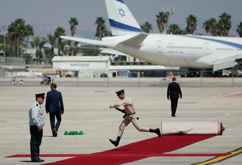 Air Force One arrives with U.S. President Joe Biden onboard for a three-day visit, in Lod near in Tel Aviv, Israel, July 13, 2022. REUTERS/Amir Cohen