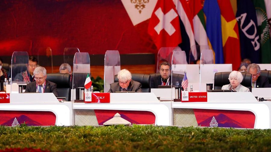 U.S. Treasury Secretary Janet Yellen (R) and Italian Economy and Finance Minister Daniele Franco (L) attend the G20 Finance Ministers and Central Bank Governors Meeting in Nusa Dua, Bali, Indonesia, 15 July 2022. Made Nagi/Pool via REUTERS