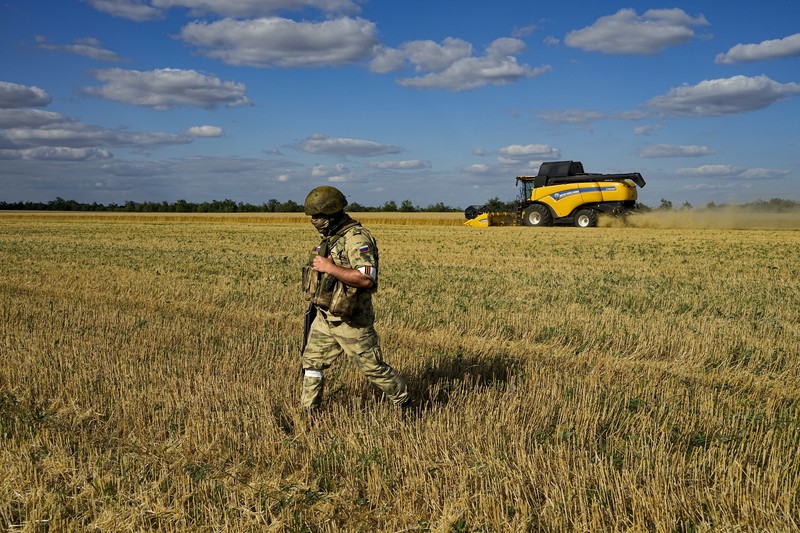 Ukraine Russia A Russian soldier atop of a military truck with the letter Z, which has become a symbol of the Russian military, and a hashtag reading