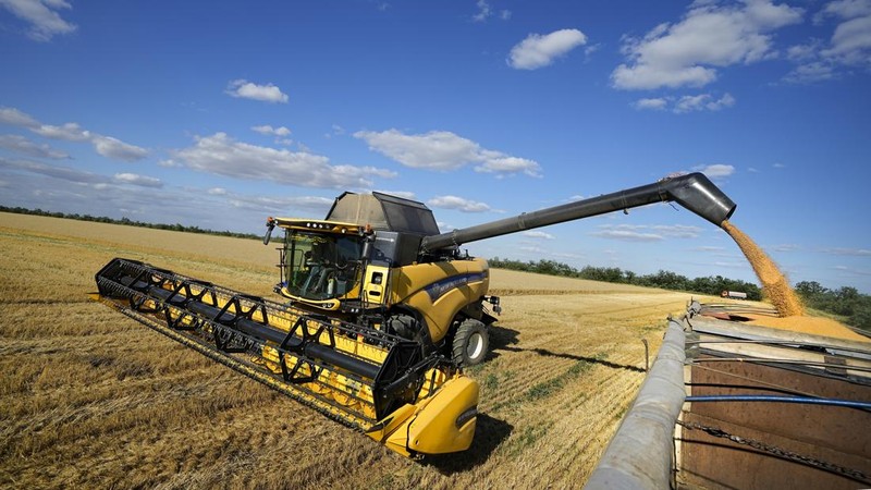 Farmers of the Voznesenka-Agro farm harvest with their combine in a wheat field not far from Melitopol, south Ukraine, Thursday, July 14, 2022. About 300,000 tonnes of harvest have been collected in Melitopol district of Zaporizhzhia region. Russia took control of part of the Zaporizhzhia region quickly after the launch of the military operation in Ukraine. This photo was taken during a trip organized by the Russian Ministry of Defense. (AP Photo)
