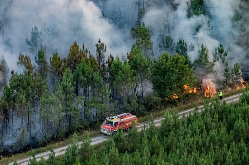 Kebakaran Hutan di wilayah Gironde di barat daya Prancis Petugas pemadam kebakaran bekerja setelah kebakaran yang terjadi di dekat Landiras, saat kebakaran hutan terus menyebar di wilayah Gironde di barat daya Prancis, Sabtu (16/7/2022). (SDIS 33 via AP)