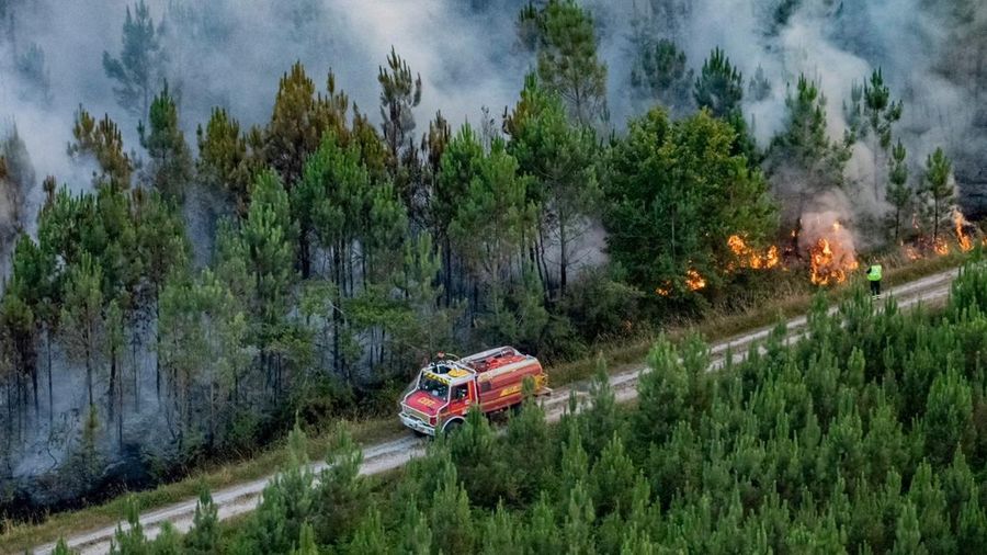 Petugas pemadam kebakaran bekerja setelah kebakaran yang terjadi di dekat Landiras, saat kebakaran hutan terus menyebar di wilayah Gironde di barat daya Prancis, Sabtu (16/7/2022). (SDIS 33 via AP)