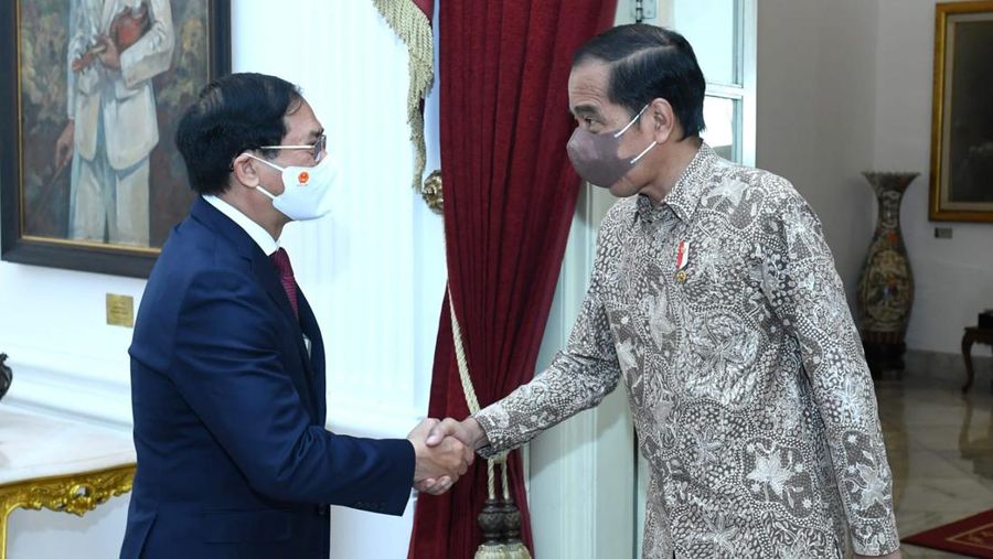 Presiden Joko Widodo menerima kunjungan kehormatan Menteri Luar Negeri (Menlu) Vietnam, Bui Thanh Son, dan delegasi di Istana Merdeka, Jakarta, pada Rabu, 20 Juli 2022. (Dok: Biro Pers Sekretariat Presiden)