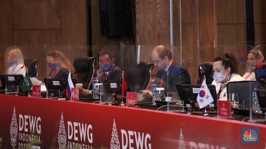 Suasana pertemuan ketiga Kelompok Kerja Ekonomi Digital Group of Twenty atau Digital Economy Working Group (3rd DEWG Meeting) G20 pada 20-23 Juli 2022 di Hotel Meruorah Komodo, Labuan Bajo, Manggarai Barat, Nusa Tenggara Timur (NTT), Rabu (20/7/2022). (CNBC Indonesia/Andrean Kristianto)