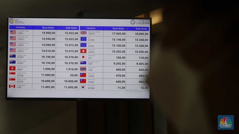 Petugas menghitung uang di tempat penukaran uang Luxury Valuta Perkasa, Blok M, Jakarta, Kamis, 21/7. Rupiah tertekan pada perdagangan Kamis (21/7/2022) (CNBC Indonesia/Muhammad Sabki)