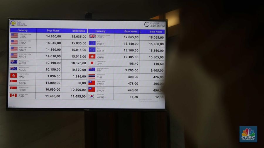 Petugas menghitung uang di tempat penukaran uang Luxury Valuta Perkasa, Blok M, Jakarta, Kamis, 21/7. Rupiah tertekan pada perdagangan Kamis (21/7/2022) (CNBC Indonesia/Muhammad Sabki)