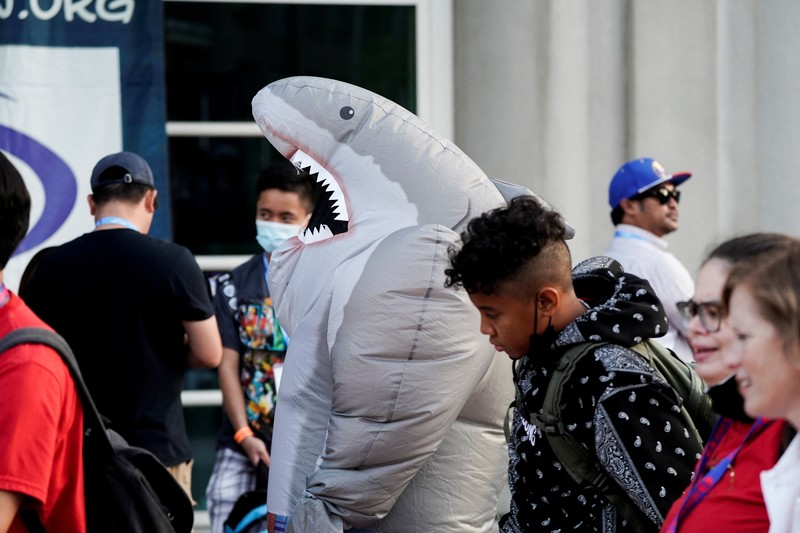 Performers cosplay as characters from the Netflix animated series Farzar to promote the show, outside Comic-Con International in San Diego, California, U.S., July 22, 2022. REUTERS/Bing Guan