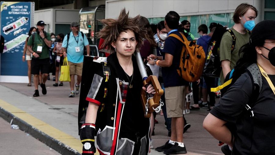 Performers cosplay as characters from the Netflix animated series Farzar to promote the show, outside Comic-Con International in San Diego, California, U.S., July 22, 2022. REUTERS/Bing Guan