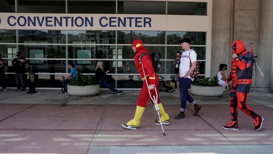 Performers cosplay as characters from the Netflix animated series Farzar to promote the show, outside Comic-Con International in San Diego, California, U.S., July 22, 2022. REUTERS/Bing Guan