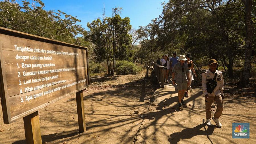 Wisatawan berkunjung di Taman Nasional Komodo, Pulau Komodo, Nusa Tenggara Timur, Minggu (24/7/2022). (CNBC Indonesia/ Andrean Kristianto)