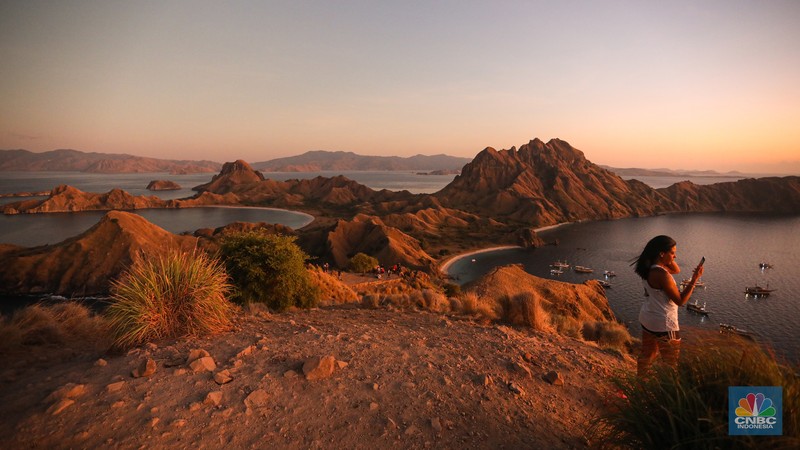 Pulau Komodo Wisatawan berkunjung di Taman Nasional Komodo, Pulau Komodo, Nusa Tenggara Timur, Minggu (24/7/2022). (CNBC Indonesia/ Andrean Kristianto)