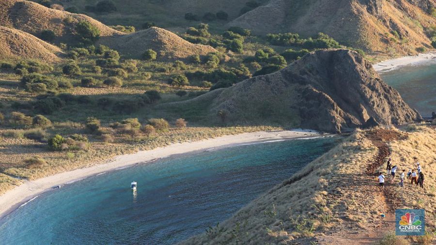 Wisatawan berkunjung di Taman Nasional Komodo, Pulau Komodo, Nusa Tenggara Timur, Minggu (24/7/2022). (CNBC Indonesia/ Andrean Kristianto)
