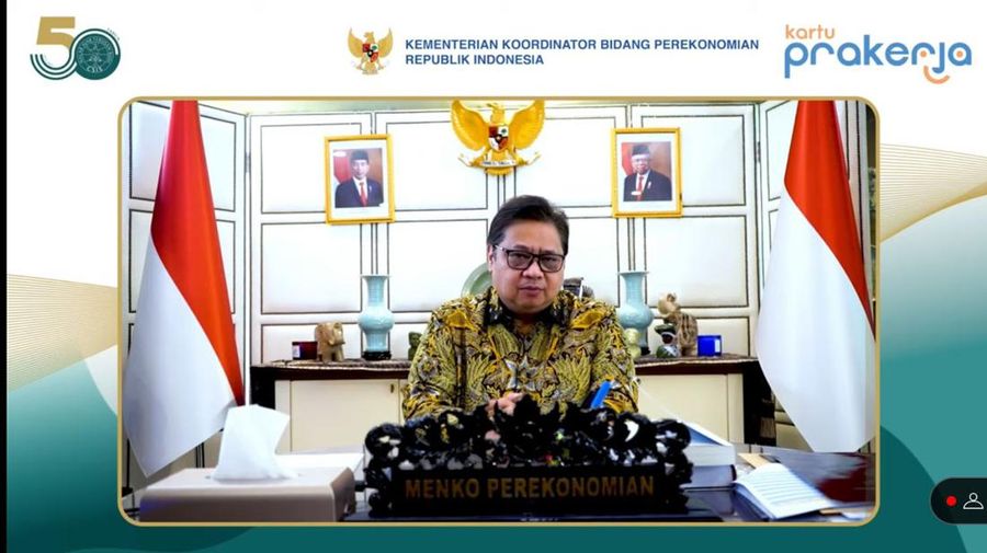 Menteri Koordinator Bidang Perekonomian Airlangga Hartarto dalam acara Dua Tahun Perjalanan Kartu Prakerja Mentransformasi Layanan Publik: Capaian, Pelajaran dan Strategi ke Depan.