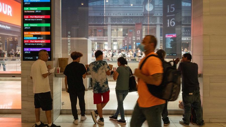 NEW YORK, NEW YORK - JULY 28: Travelers move through the Moynihan Train Hall in Manhattan on July 28, 2022 in New York City. The Commerce Department said on Thursday that the nation's Gross Domestic Product (GDP) fell 0.2 percent in the second quarter. With two GDP declines in a row, many economists fear that the United States could be entering a recession.  (Photo by Spencer Platt/Getty Images