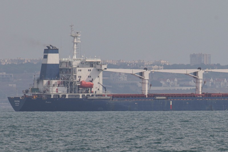 UKRAINE-CRISIS/GRAIN-SHIP-DEPARTURE The Sierra Leone-flagged ship Razoni leaves the sea port in Odesa after restarting grain export, amid Russia's attack on Ukraine, Ukraine August 1, 2022. REUTERS/Serhii Smolientsev