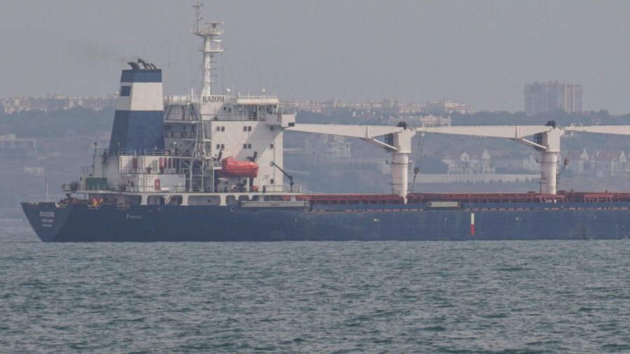 The Sierra Leone-flagged ship Razoni leaves the sea port in Odesa after restarting grain export, amid Russia's attack on Ukraine, Ukraine August 1, 2022. REUTERS/Serhii Smolientsev