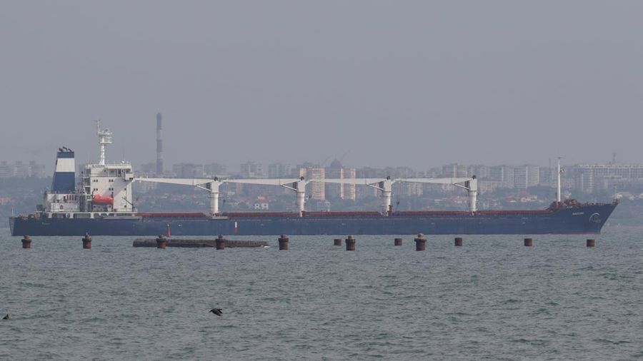 The Sierra Leone-flagged ship Razoni leaves the sea port in Odesa after restarting grain export, amid Russia's attack on Ukraine, Ukraine August 1, 2022. REUTERS/Serhii Smolientsev