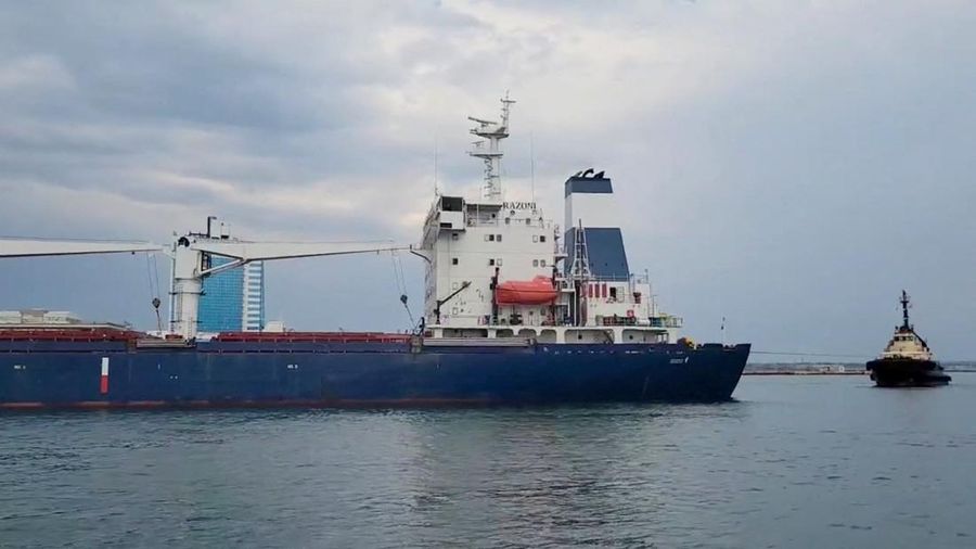 The Sierra Leone-flagged cargo ship, Razoni carrying Ukrainian grain leaves the port, in Odesa, Ukraine, August 1, 2022, in this screen grab taken from a handout video. Oleksandr Kubrakov/ Ukraine Ministry of Infrastructure/Handout via REUTERS    THIS IMAGE HAS BEEN SUPPLIED BY A THIRD PARTY MANDATORY CREDIT
