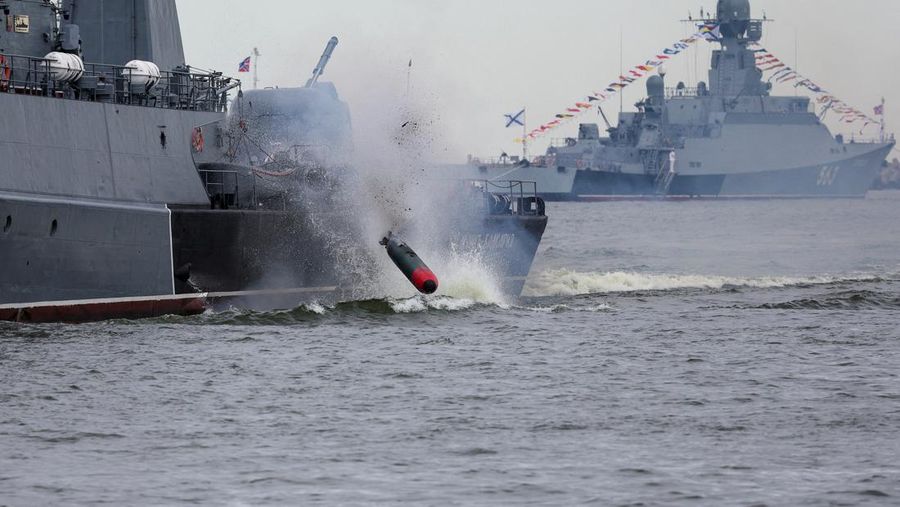A torpedo is launched by a Russian warship during a parade marking Navy Day in Baltiysk in the Kaliningrad region, Russia July 31, 2022. REUTERS/Vitaly Nevar