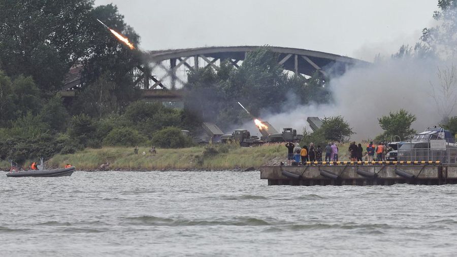 Russian multiple rocket launch systems fire during a parade marking Navy Day in Baltiysk in the Kaliningrad region, Russia July 31, 2022. REUTERS/Vitaly Nevar