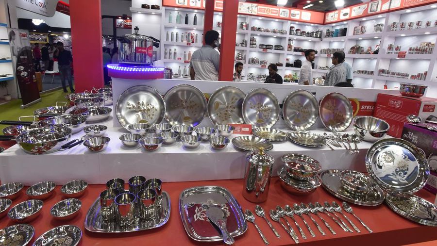 NEW DELHI, INDIA JULY 15: People visit at Indias biggest integrated Housewares & Home Appliances Trade Fair 2022, at Pragati Maidan, on July 15, 2022 in New Delhi, India. it is an international exhibition on Houseware, Kitchenware, Tableware, Hotelware, Glassware, Plasticware, Thermoware, Utensils, Kitchen Appliances, Crockery, Home Appliances & Stainless Steel Industry. (Photo by Sonu Mehta/Hindustan Times via Getty Images)