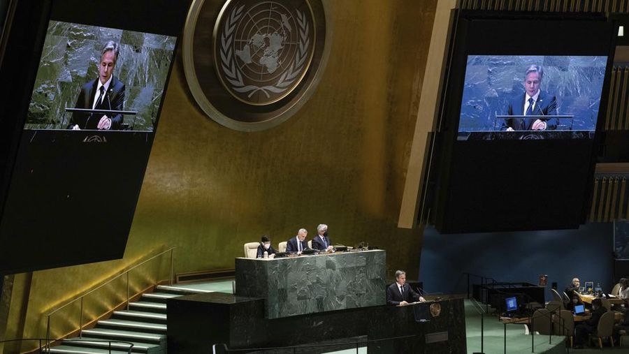 U.S. Secretary of State Antony J. Blinken addresses the 2022 Nuclear Non-Proliferation Treaty (NPT) review conference, in the United Nations General Assembly, Monday, Aug. 1, 2022. (AP Photo/Yuki Iwamura)